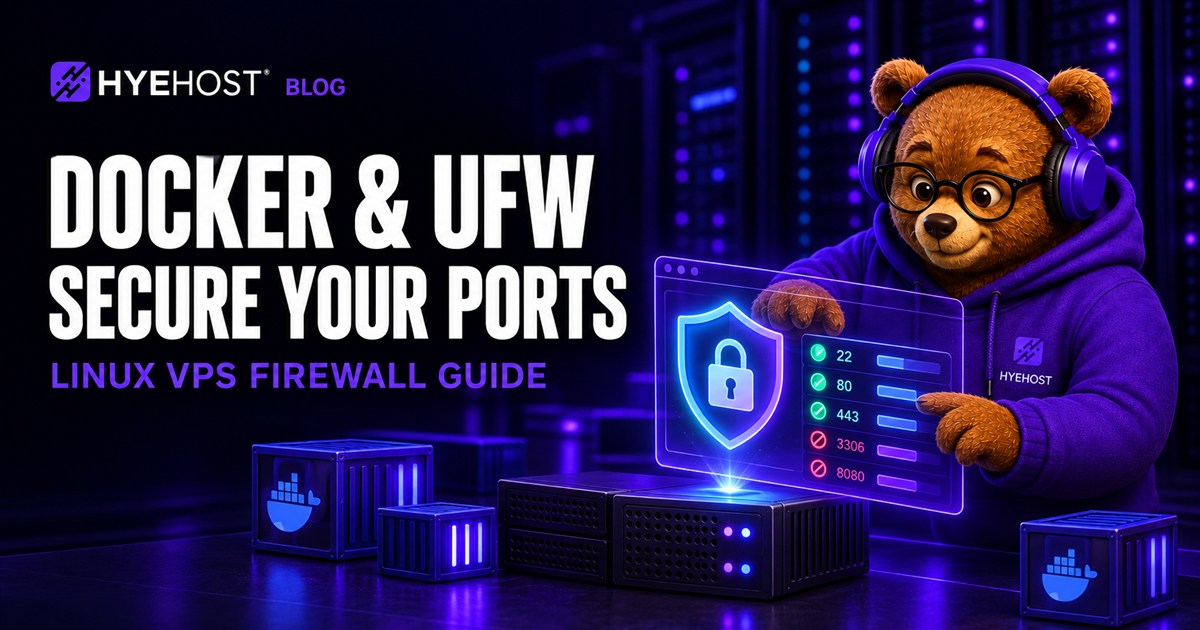 HYEHOST bear mascot securing Docker container ports with a glowing firewall and lock