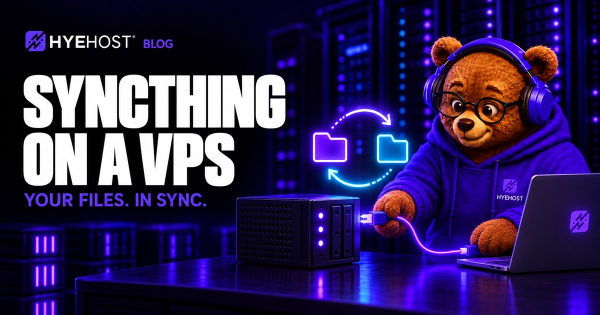 HYEHOST bear mascot synchronising folders between a laptop and a VPS storage server