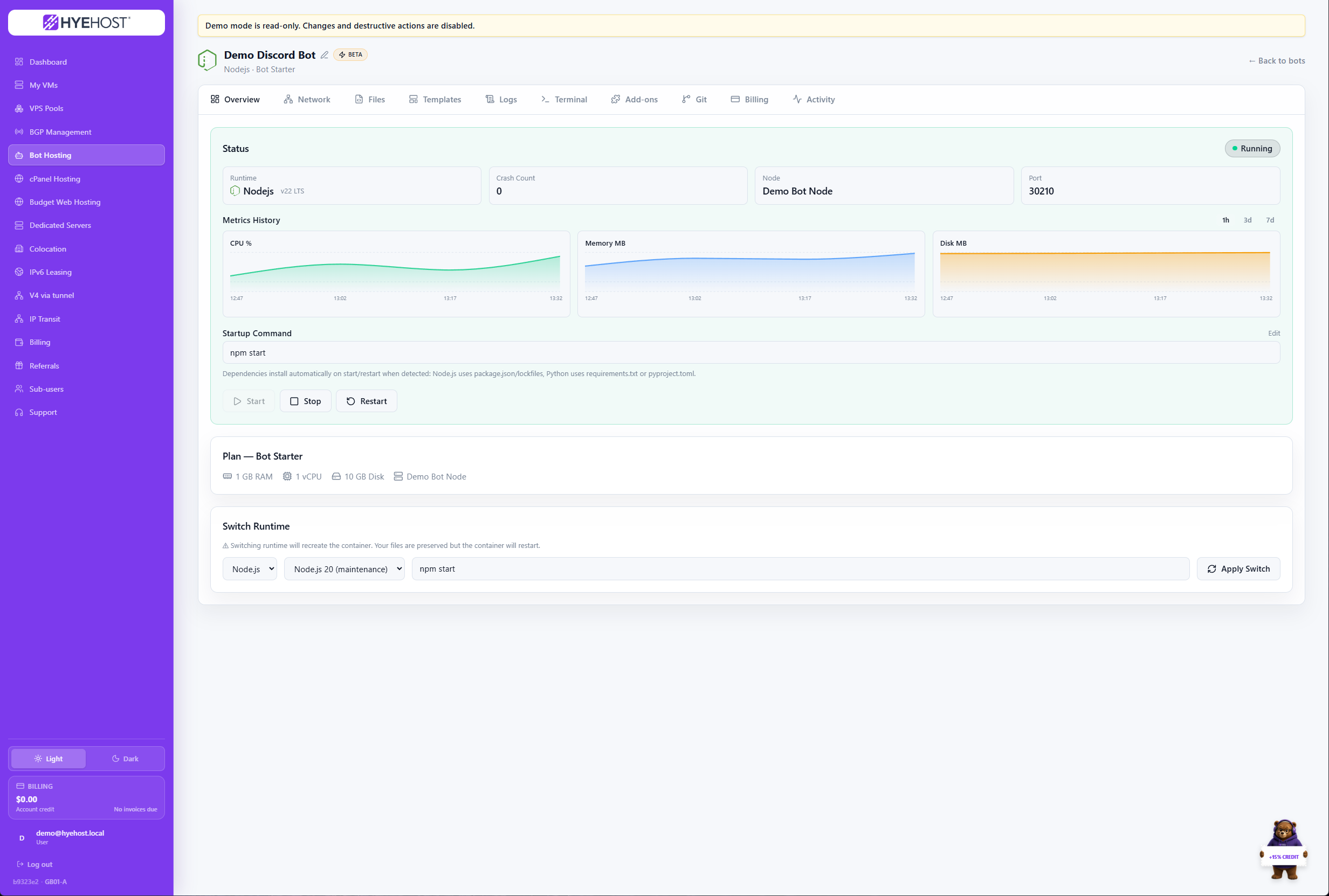 HYEHOST custom bot hosting panel showing service controls and live resource metrics